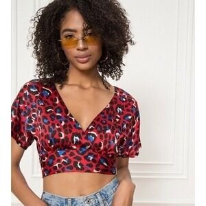 SUPERDOWN Camila Tie Back Crop Top Womens Size XS Red Leopard Puff Sleeve Blouse